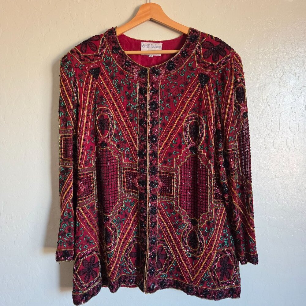 Vintage Silk Beaded Embroidered Evening Jacket Red/Green/Black XL Zenith Fashion